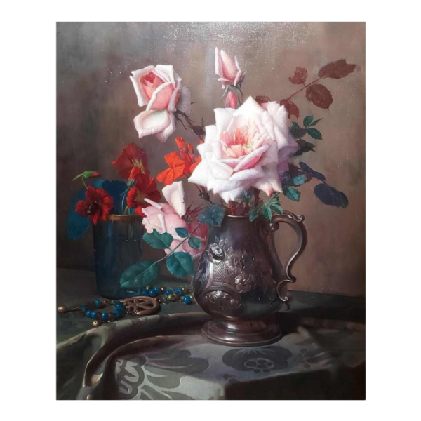 Pascal De Beucker “Nature morte, bouquet de fleurs“ tableau huile sur toile, début XXe s