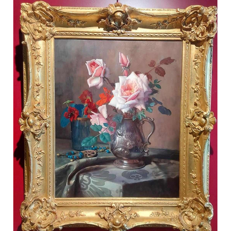 Pascal De Beucker “Stilleven, boeket bloemen” olieverfschilderij op doek, begin 20e eeuw