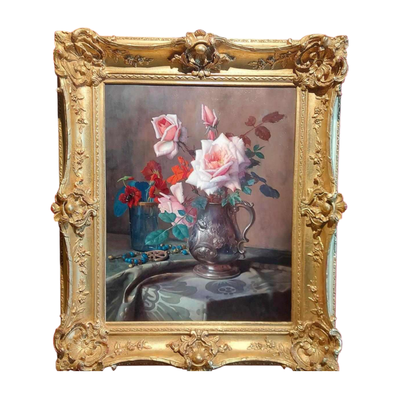 Pascal De Beucker “Stilleven, boeket bloemen” olieverfschilderij op doek, begin 20e eeuw