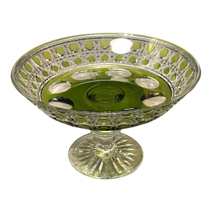 Val Saint Lambert, coupe ou plat à biscuits sur pied, cristal taillé vert olive, ca 1930