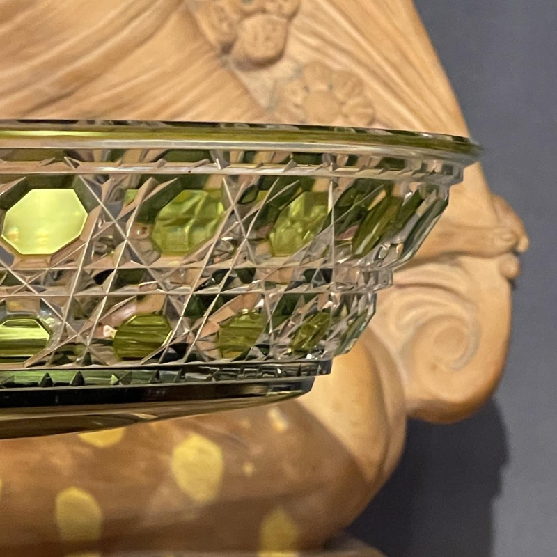 Val Saint Lambert, footed biscuit bowl or dish, olive green cut crystal, ca 1930