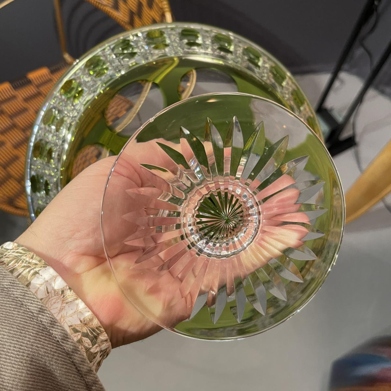 Val Saint Lambert, footed biscuit bowl or dish, olive green cut crystal, ca 1930