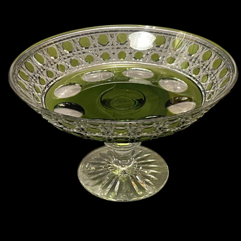 Val Saint Lambert, footed biscuit bowl or dish, olive green cut crystal, ca 1930