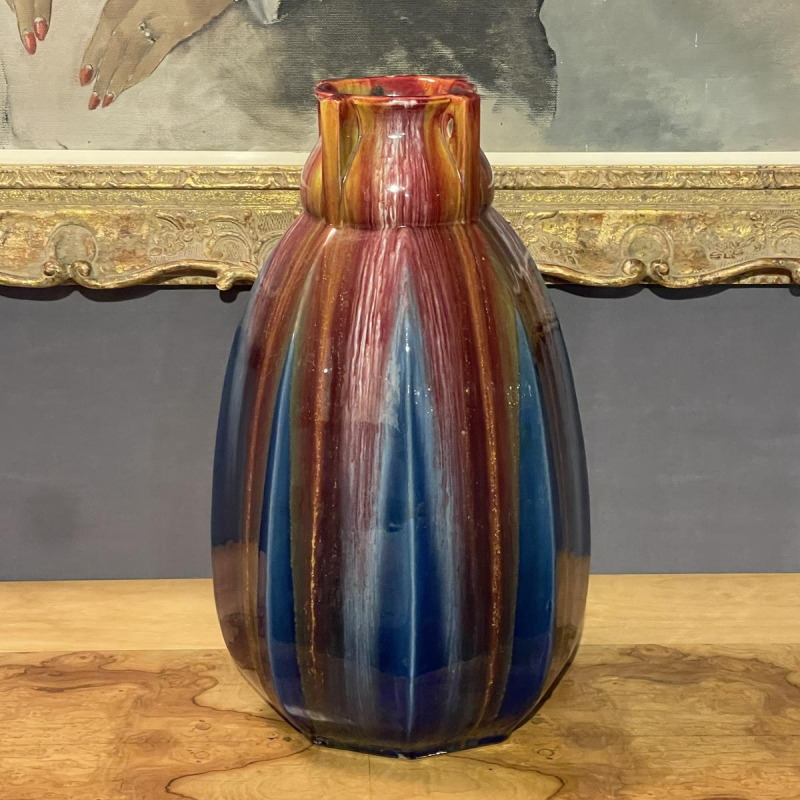 Hasselt Ceramics (attributed to), large oblong faceted Art Deco vases, ca 1930