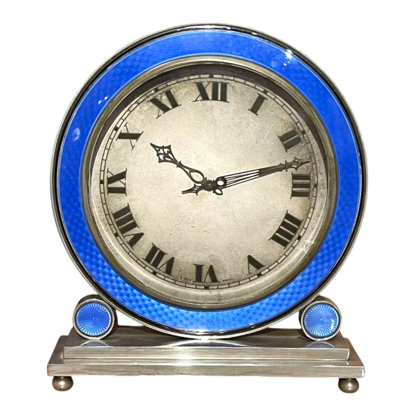 Hamilton & Inches, Art Deco 8-day clock, blue enamelled nickel-plated steel, ca 1930