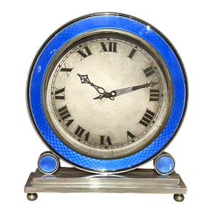 Hamilton & Inches, horloge 8 jours Art Déco, acier nicklé guilloché émaillé bleu, ca 1930