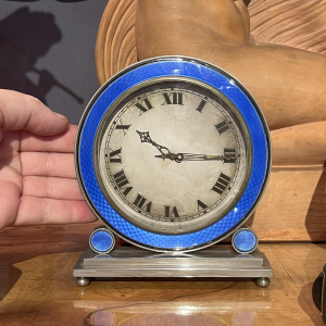 Hamilton & Inches, Art Deco 8-day clock, blue enamel guilloché nickel-plated steel, circa 1930