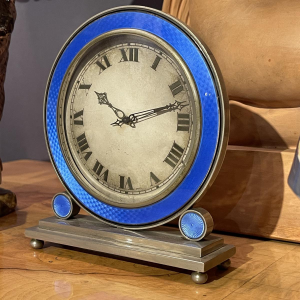 Hamilton & Inches, Art Deco 8-day clock, blue enamel guilloché nickel-plated steel, circa 1930