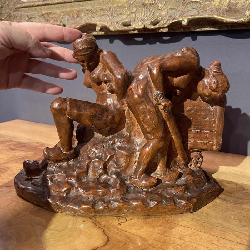 Angelo Hecq «Femmes à la mine, à l’effort» sculpture en terre cuite, ca 1920