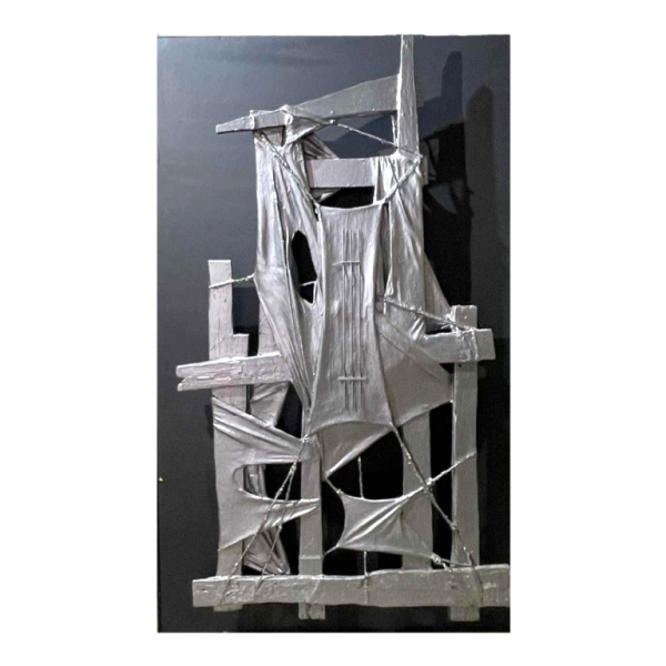 MACKOWIAK ERWIN, abstract schilderij, Belgische compositie sculptuur, beschilderd hout, touw, stof, 1963