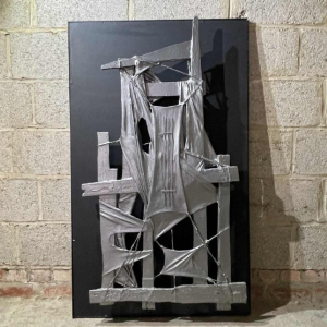 MACKOWIAK ERWIN, tableau abstrait, peinture composition sculpture belge, bois, cordes, tissus peints, 1963