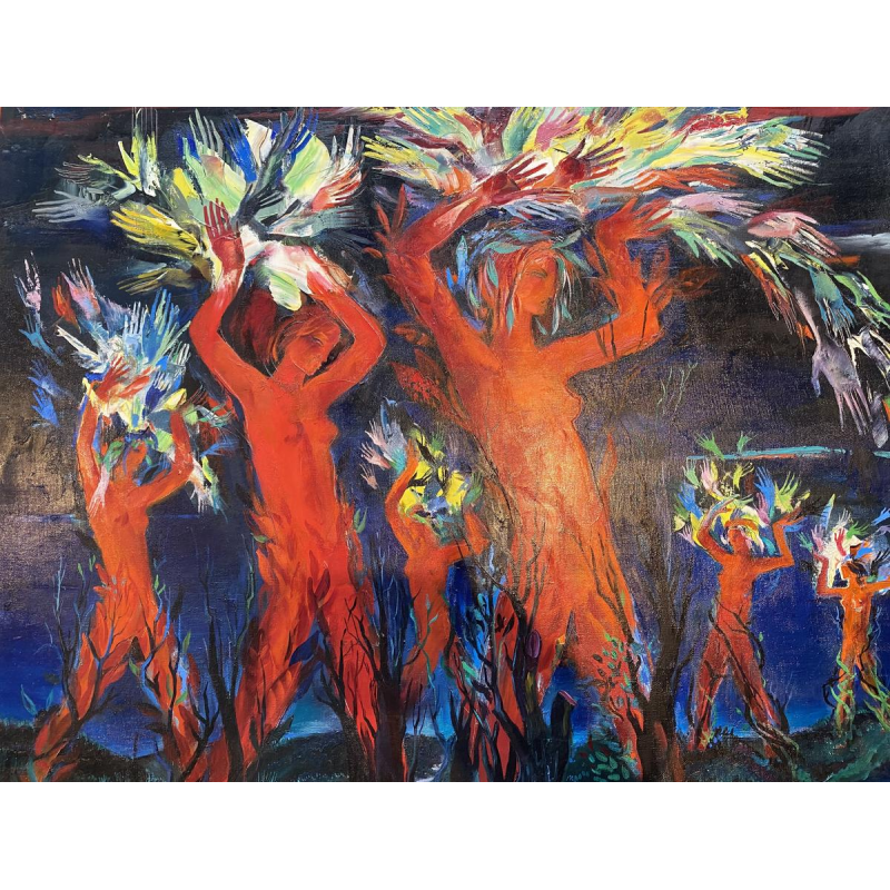 Paul Daxhelet, dance of women, expressionist painting, oil on canvas