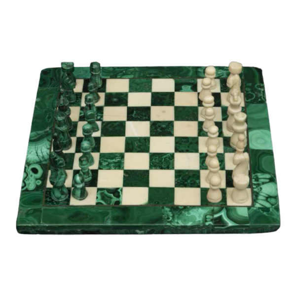 Small square-shaped chessboard crafted from malachite and marble:s