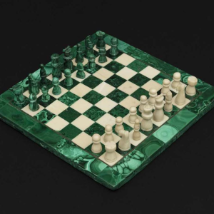 Small square-shaped chessboard crafted from malachite and marble:s