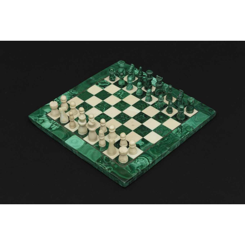Small square-shaped chessboard crafted from malachite and marble:s