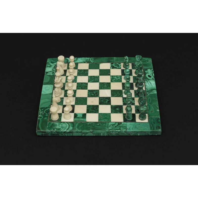 Small square-shaped chessboard crafted from malachite and marble:s