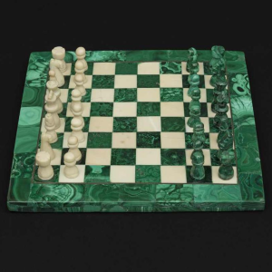 Small square-shaped chessboard crafted from malachite and marble:s