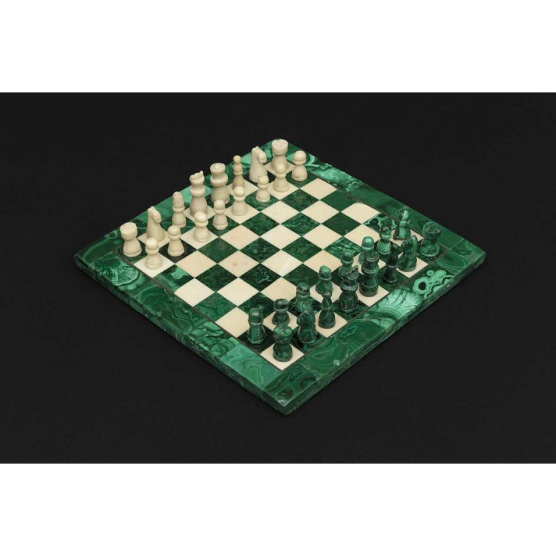 Small square-shaped chessboard crafted from malachite and marble:s