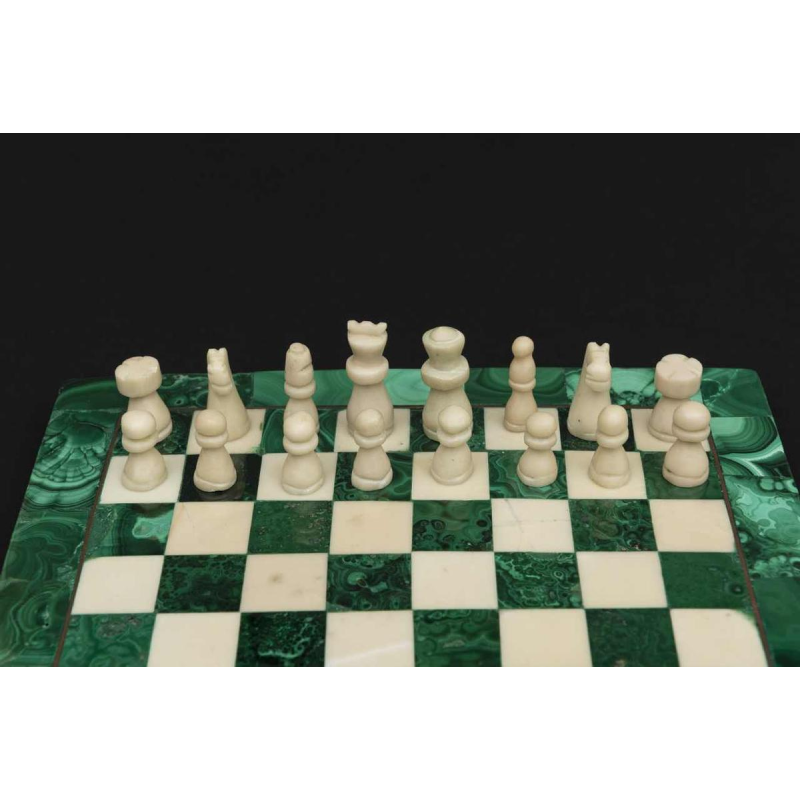 Small square-shaped chessboard crafted from malachite and marble:s