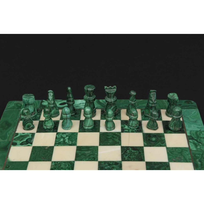 Small square-shaped chessboard crafted from malachite and marble:s