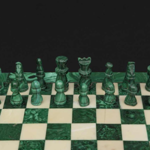 Small square-shaped chessboard crafted from malachite and marble:s