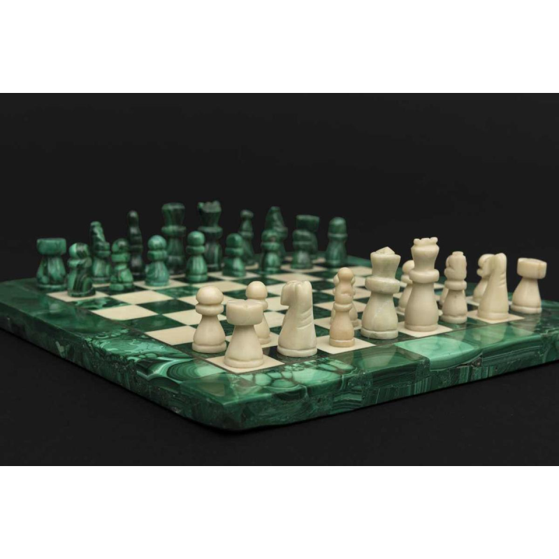 Small square-shaped chessboard crafted from malachite and marble:s