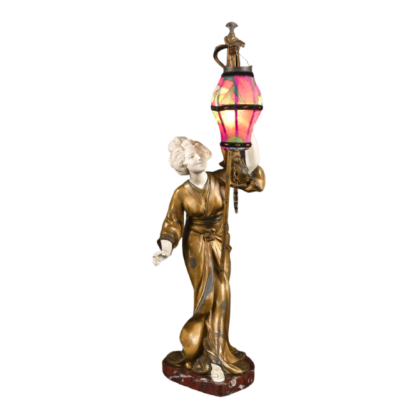 ADOLPHE ARMAND TRUFFIER "LA GEISHA AU LAMPION", statuette lamp, gilded regule sculpture, porcelain biscuit