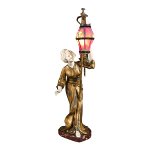 ADOLPHE ARMAND TRUFFIER "LA GEISHA AU LAMPION", statuette lamp, gilded regule sculpture, porcelain biscuit