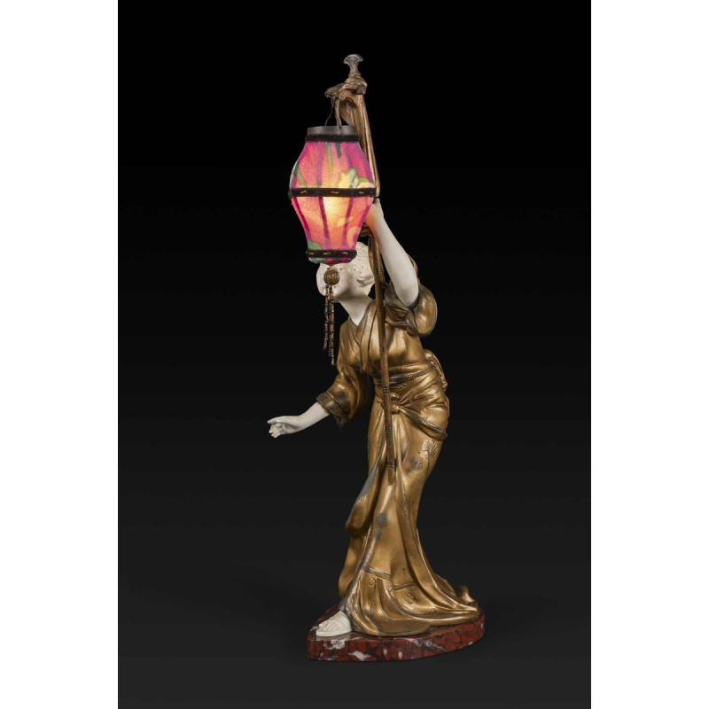 ADOLPHE ARMAND TRUFFIER "LA GEISHA AU LAMPION", statuette lamp, gilded regule sculpture, porcelain biscuit