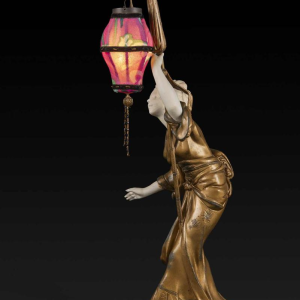 ADOLPHE ARMAND TRUFFIER "LA GEISHA AU LAMPION", statuette lamp, gilded regule sculpture, porcelain biscuit