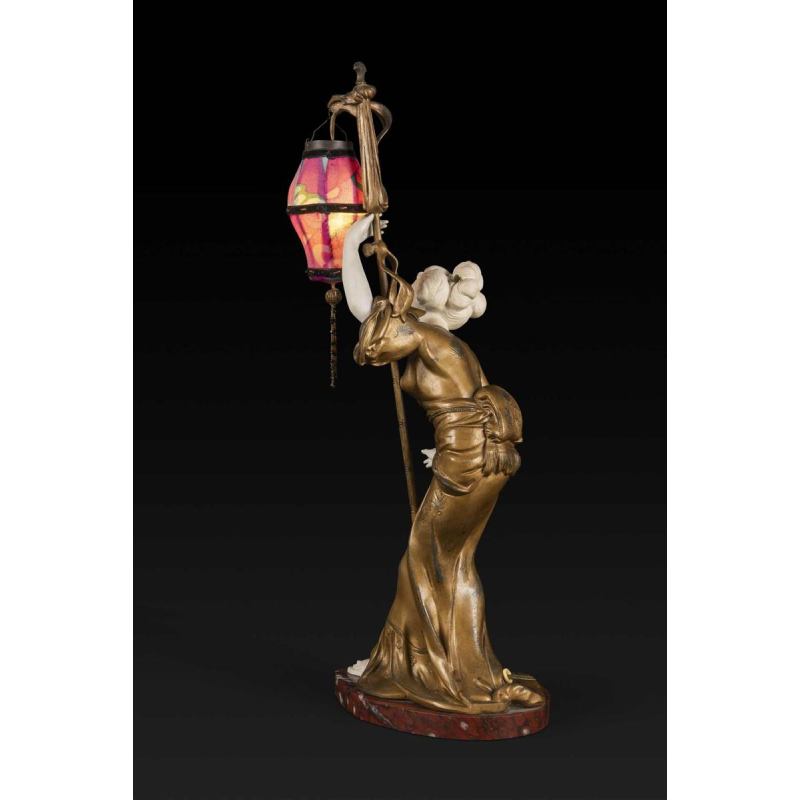 ADOLPHE ARMAND TRUFFIER "LA GEISHA AU LAMPION", statuette lamp, gilded regule sculpture, porcelain biscuit