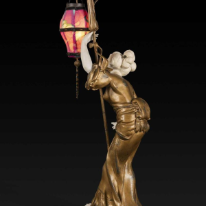 ADOLPHE ARMAND TRUFFIER "LA GEISHA AU LAMPION", statuette lamp, gilded regule sculpture, porcelain biscuit