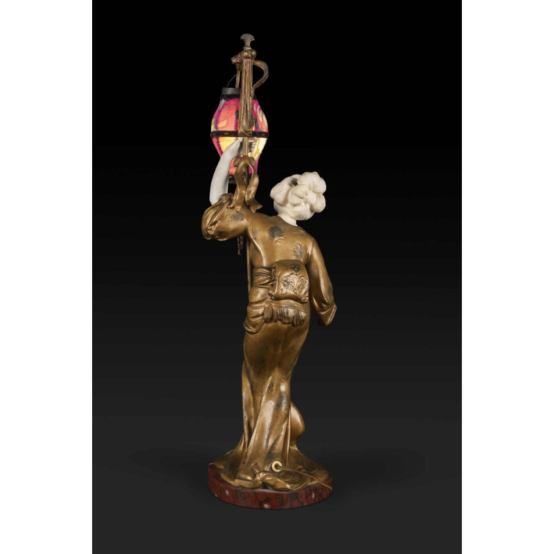 ADOLPHE ARMAND TRUFFIER «LA GEISHA AU LAMPION », statuette lampe, sculpture régule doré, biscuit de porcelaine
