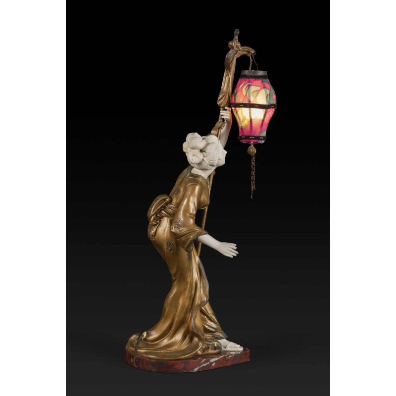 ADOLPHE ARMAND TRUFFIER "LA GEISHA AU LAMPION", statuette lamp, gilded regule sculpture, porcelain biscuit