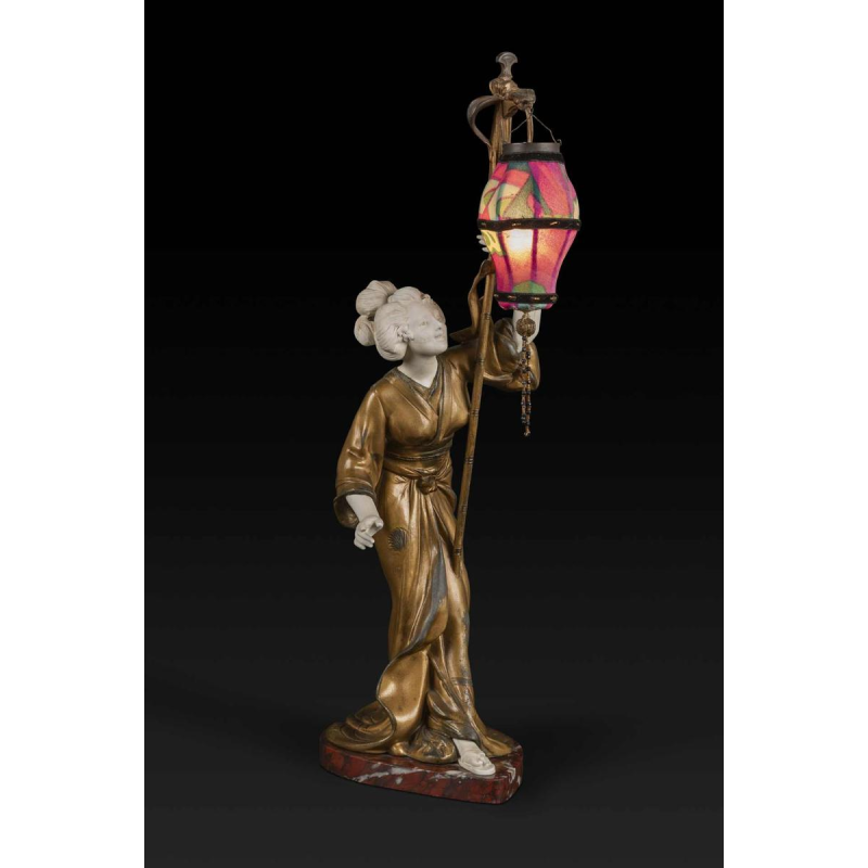 ADOLPHE ARMAND TRUFFIER "LA GEISHA AU LAMPION", statuette lamp, gilded regule sculpture, porcelain biscuit