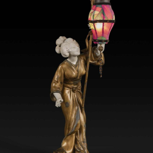 ADOLPHE ARMAND TRUFFIER "LA GEISHA AU LAMPION", statuette lamp, gilded regule sculpture, porcelain biscuit