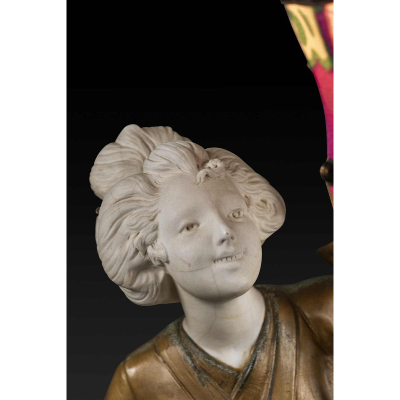 ADOLPHE ARMAND TRUFFIER "LA GEISHA AU LAMPION", statuette lamp, gilded regule sculpture, porcelain biscuit