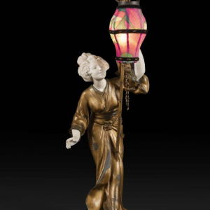 ADOLPHE ARMAND TRUFFIER "LA GEISHA AU LAMPION", statuette lamp, gilded regule sculpture, porcelain biscuit