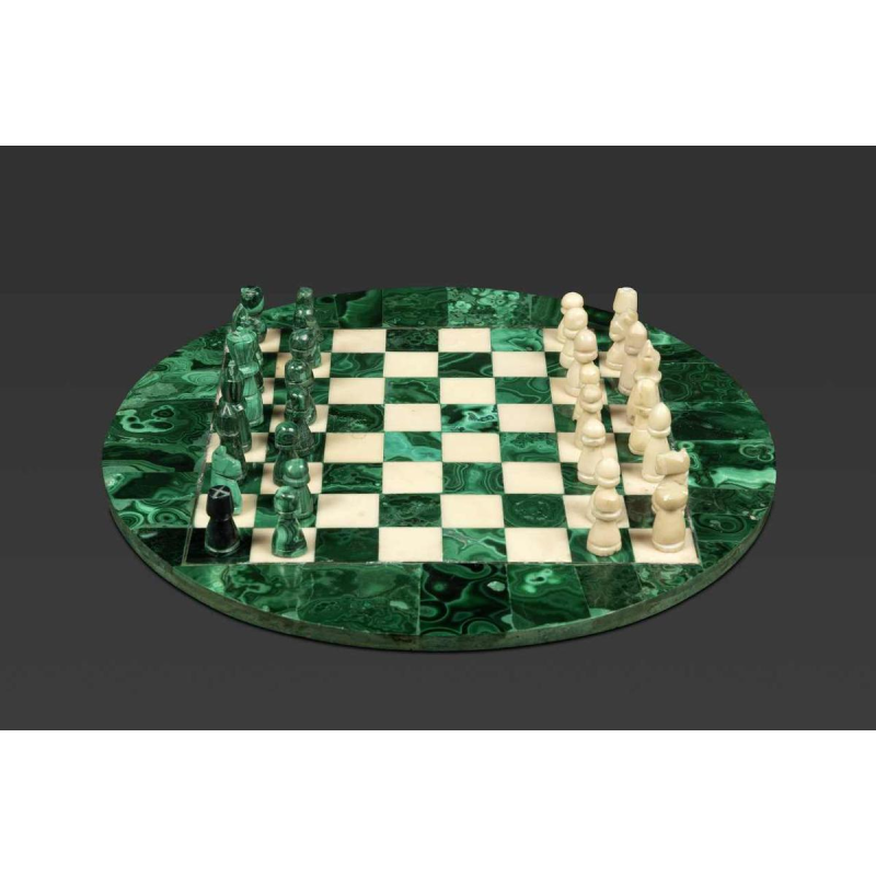 Klein rond schaakbord in malachiet en marmer: