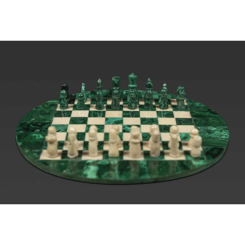 Klein rond schaakbord in malachiet en marmer: