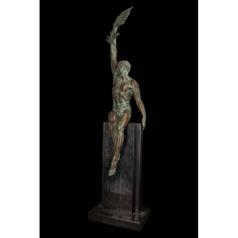 PIERRE LE FAGUAYS 'The trophy' cast iron sculpture with green patina, 20th c