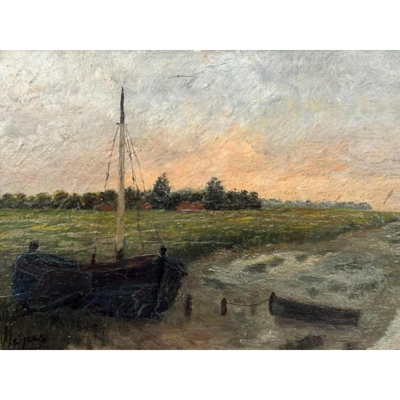 Isidore MEYERS « Paysage au coucher du soleil » peinture huile sur bois