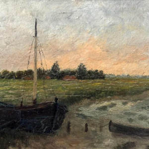 Isidore MEYERS « Paysage au coucher du soleil » peinture huile sur bois