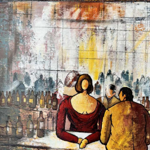 Michel MERCIE « De bar» schilderij, olie op doek, eind 20e eeuw