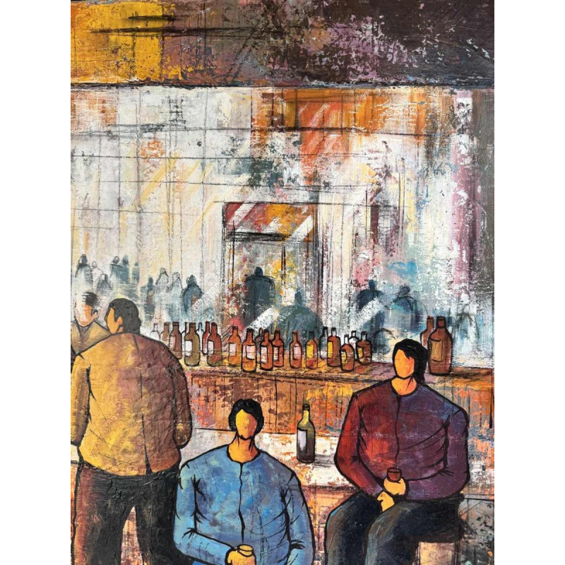Michel MERCIE « Le bar » peinture, huile sur toile, fin du XXe s