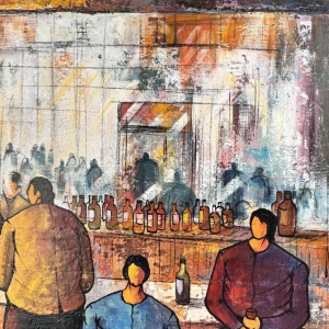 Michel MERCIE « Le bar » peinture, huile sur toile, fin du XXe s