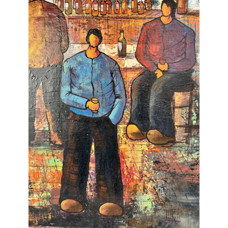 Michel MERCIE « De bar» schilderij, olie op doek, eind 20e eeuw