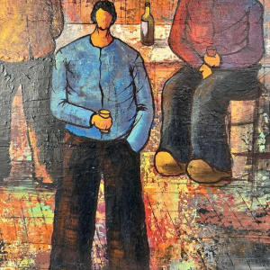 Michel MERCIE « De bar» schilderij, olie op doek, eind 20e eeuw