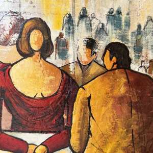 Michel MERCIE « Le bar » peinture, huile sur toile, fin du XXe s