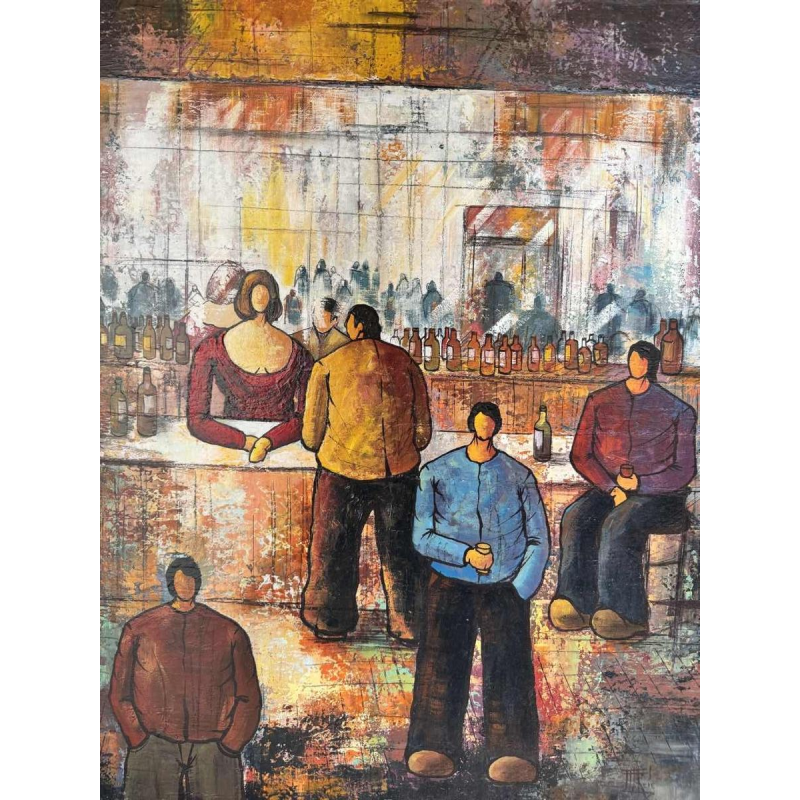 Michel MERCIE « De bar» schilderij, olie op doek, eind 20e eeuw